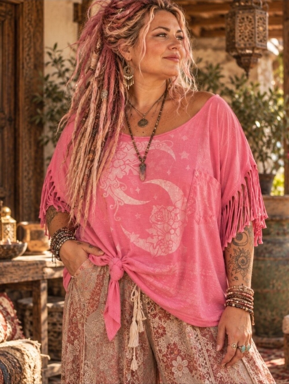 4/$15 Pink Celestial Moon Fringe Top | Oversized Boho Festival Whimsigoth Y2K